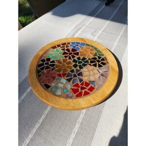 Stained Glass Inlay Mosaic‎ Lazy Susan With Wood Trim Floral Flower Design 14"